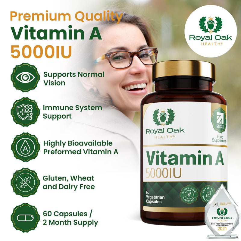 Vitamin A 5000IU | 60 Vegan Capsules | Retinyl Acetate | Supports Vision, Skin & Immune Function | Gluten & Dairy Free | Made in Britain