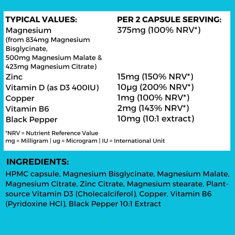 Magnesium Glycinate Capsules 8-in-1 Complex - Triple Magnesium (Bisglycinate, Citrate, Malate) Supplement with Zinc, Copper, Vitamin D3, Vitamin B6 and Black Pepper - 60 Vegan Capsules