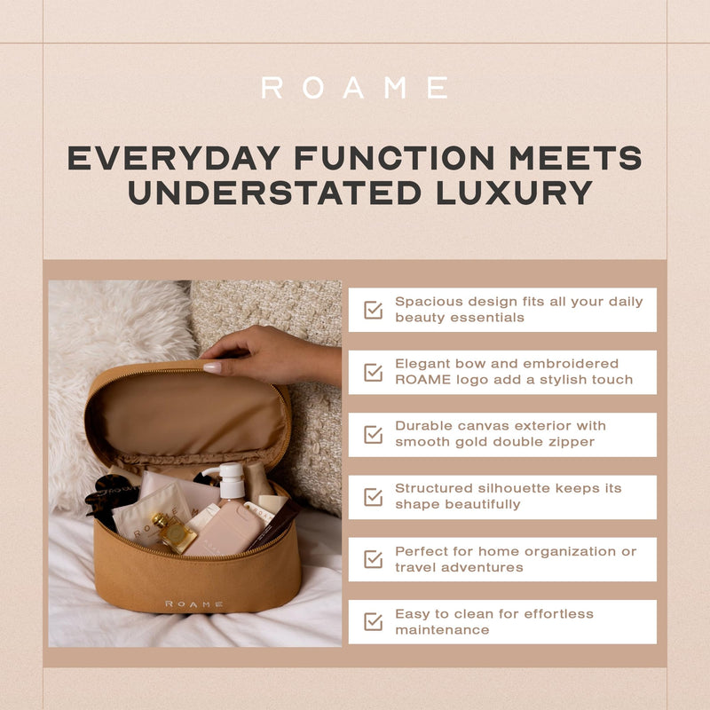 Everyday Vanity Makeup Bag, Canvas Case with Handle, White/Brown | Structured Wide-Opening Design, Smooth Zipper, Wipe-Clean Lining, Ivory Ribbon Details, for Cosmetics, Toiletries & Travel