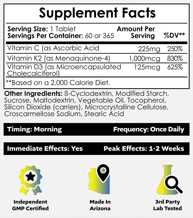 Nootropics Depot Vitamin D3 + K2 with Vitamin C Tablets | 365 Count | Cholecalciferol + Menaquinone-4 (MK-4) | Mood, & Bone Health | Healthy Calcium Absorption 1 Count (Pack of 365)