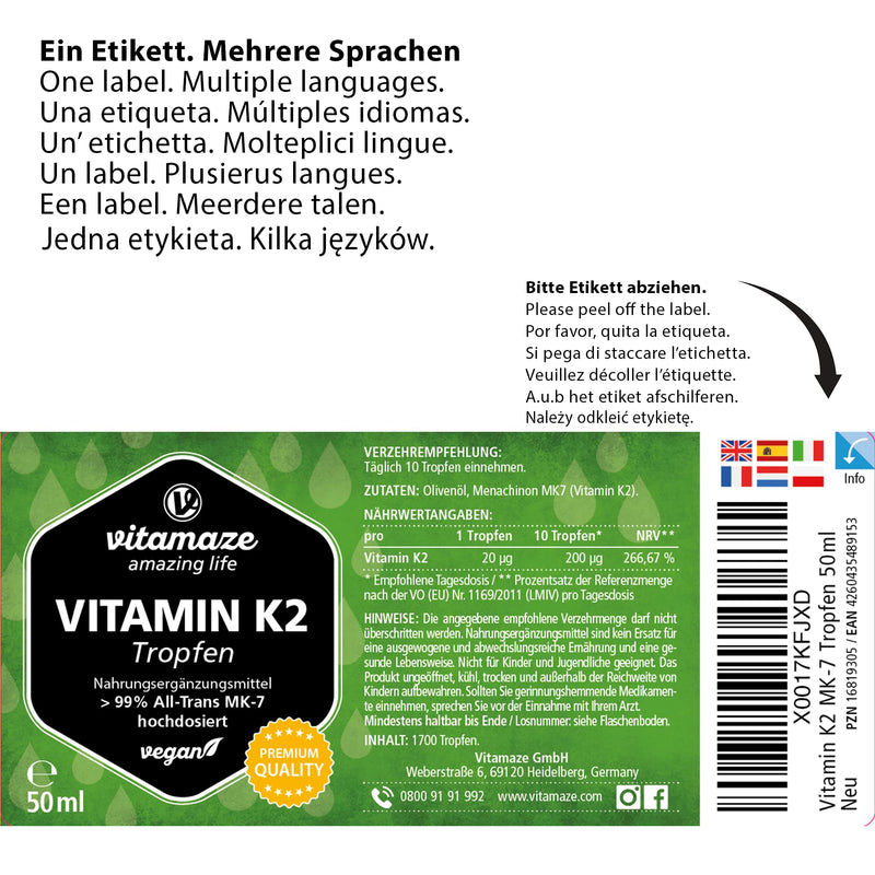 Vitamin K2 Drops, 200 mcg Vitamin K2 per Daily Dose, High Strength, Vegan & Liquid, MK-7 Menaquinone (> 99% All-Trans Form), 50 ml (1700 Drops), Supplement Without Additives, High Bioavailability