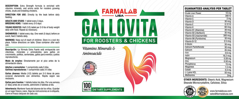 GALLOVITA para Gallos 100Tabs Vitamins Minerals Aminoacids for Rooster Hens Chickens Gamefowl Vitaminas Minerales Aminoacidos - PawsPlanet Australia