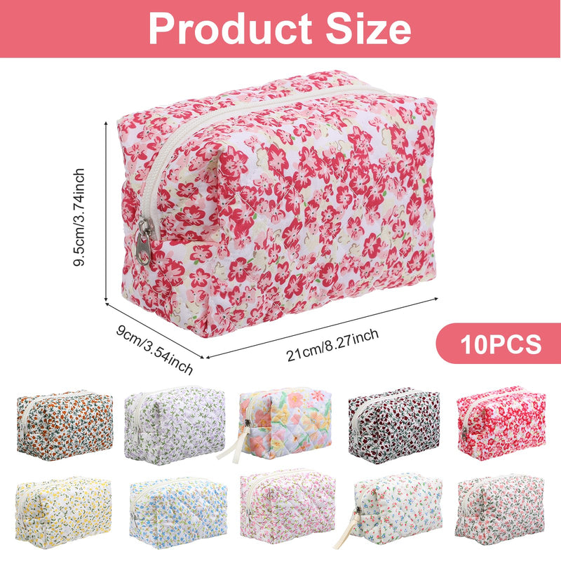 10 Packs Quilted Makeup Bag Different Stylish Floral Designs Flower Theme Toiletry Cosmetic Bag Aesthetic Makeup Pouch Floral Emergency Kit Pouch for Traveling
