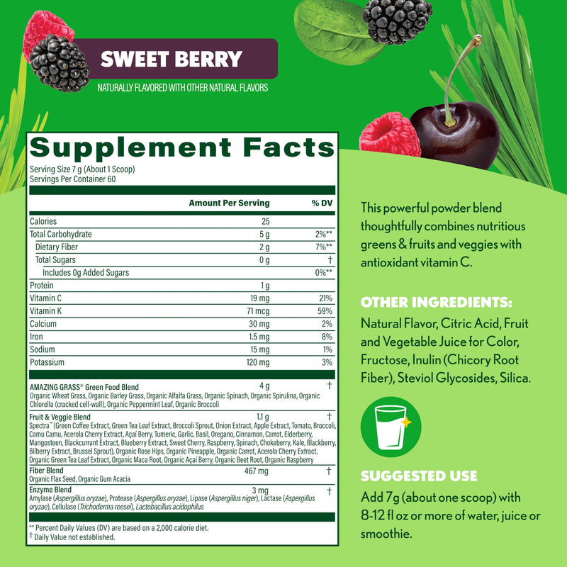 Amazing Grass Super Greens Powder Antioxidant Sweet Berry, 60 Servings | Organic Antioxidant Greens Powder with Spirulina, Beet Root, Elderberry, Prebiotics, Probiotics, Vitamin C & Vitamin K 14.8 Fl Oz (Pack of 1)