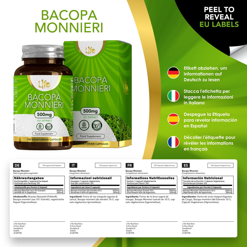 LN Bacopa Monnieri | 120 Vegan Bacopa Capsules - High Strength Brahmi Capsules - 500mg per Serving | Non-GMO, Gluten, Dairy & Allergen Free | Manufactured in The UK