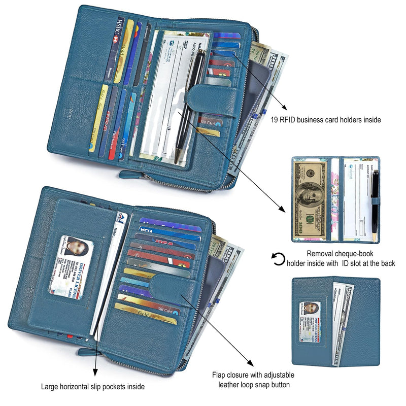 Big Fat RFID Blocking Leather Organizer Checkbook Wallets For Women - Clutch TEAL BLUE