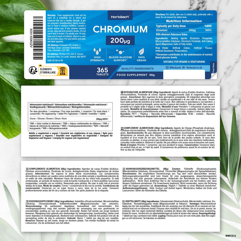[Australia] - Chromium Tablets from Chromium Picolinate 200 mcg | 1 year supply - 365 vegan tablets | High-dose Chromium Picolinate | without unnecessary additives | Horbaach 
