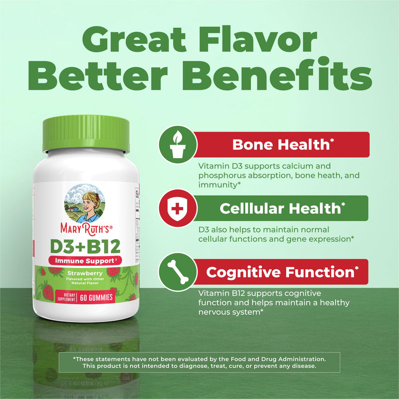 MaryRuth Organics, Vitamin D3 & B12 Gummies, Strawberry Flavour, 60 Vegan Gummies, Vegetarian, Gluten-Free, Soy-Free, Non-GMO