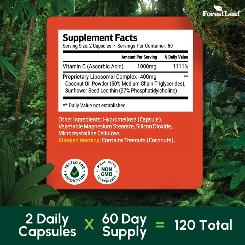 ForestLeaf Liposomal Vitamin C 1400mg Capsules | High Dose Vitamin C Liposomal Supplement w Coconut Oil Fatty Acids | Fast Absorption | Immune Support, Antioxidant, Collagen Production | 120 Vegan Cap 120 Count (Pack of 1)
