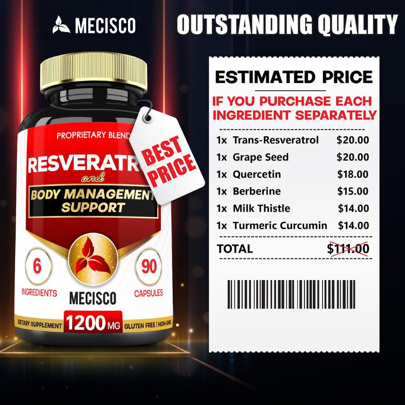 [Australia] - Trans Resveratrol Supplement with Grape Seed, Milk Thistle, and More - Resveratrol 1000mg Organic - 6 Herbal Supports for Immune System, Heart Health, Body Management & Joint Health - 90 Capsules 90 Count (Pack of 1) 