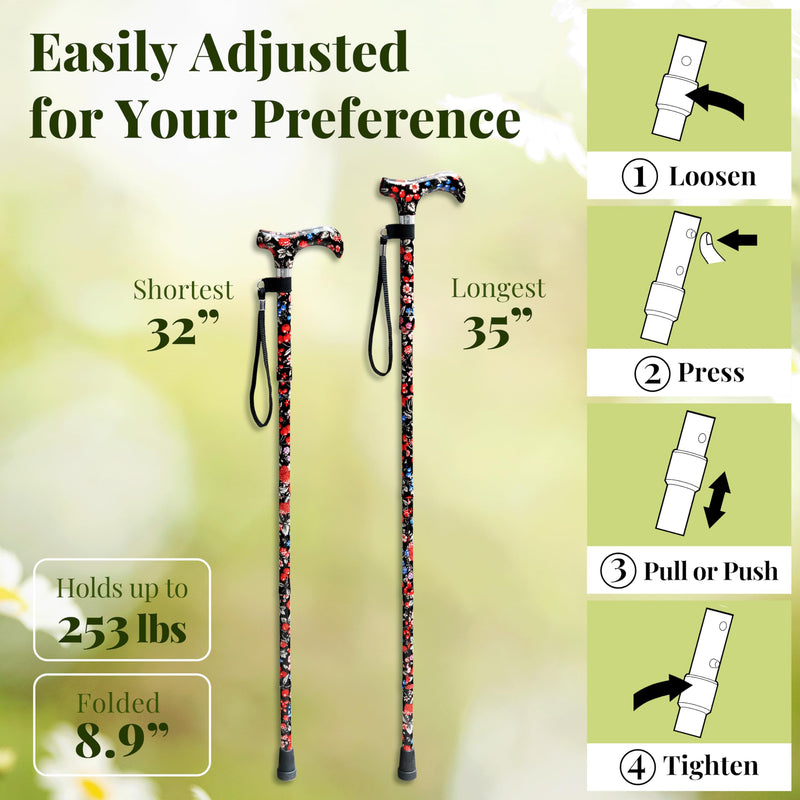 [Australia] - Merry Sticks Lightweight Foldable Walking Canes for Women and Men, Adjustable & Collapsible Walking Stick for Seniors, Balancing Mobility Aids, Ergonomic Handle & Wrist Strap - Berries Classic Grip 