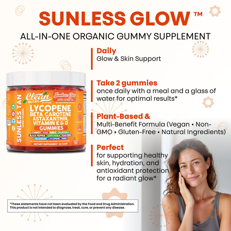 [Australia] - Clean Nutra Sunless Glow Gummies with Lycopene, Beta Carotene, Astaxanthin, Vitamin E and D - All-in-One Gummy Supplement for Daily Routine - 60 Count, Vegan, Non-GMO, Pectin-Based, Gluten-Free 