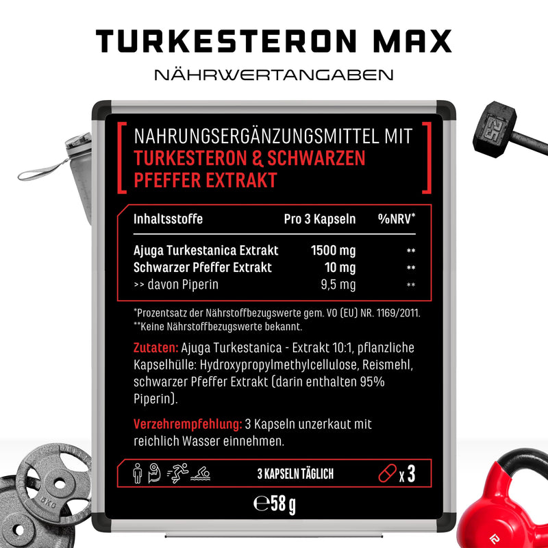 [Australia] - Turkesterone Max - 90 capsules - Extra high dose with 1510 mg per daily serving - With bioenhancer - Without unwanted additives - Vegan 