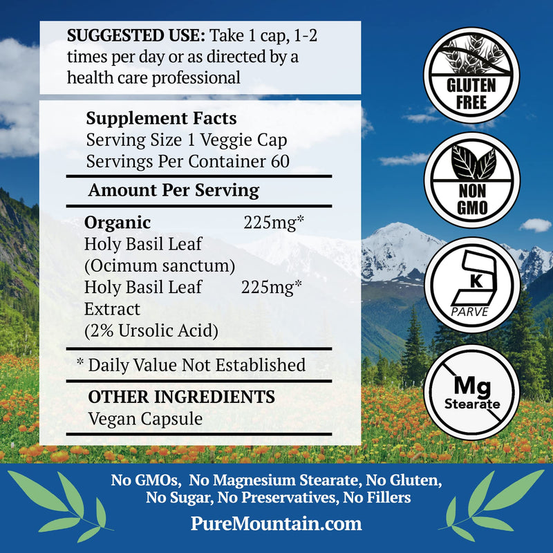 [Australia] - Pure Mountain Botanicals Holy Basil Capsules - Kosher Vegan Caps with 450mg Organic Holy Basil Tulsi & Holy Basil Extract from India 