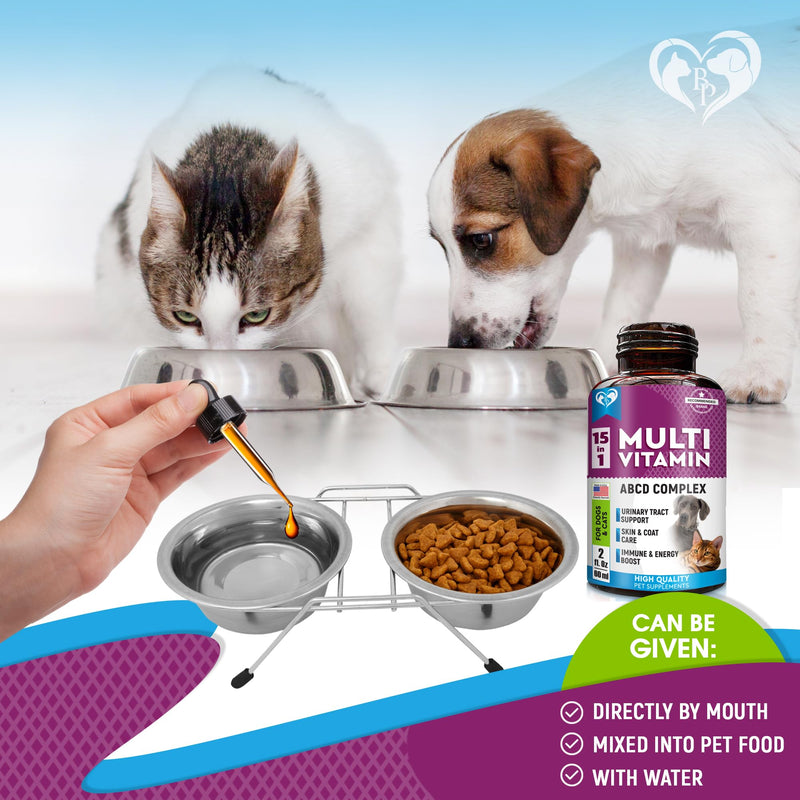 Cat & Dog Multivitamin Liquid with Glucosamine & Cranberry | 15 in 1 Health Supplements for Urinary Tract Kidney, Bladder, Hip & Joint, Skin & Coat | Natural UTI Medicine Made in USA (60 ml) 60 ml - PawsPlanet Australia
