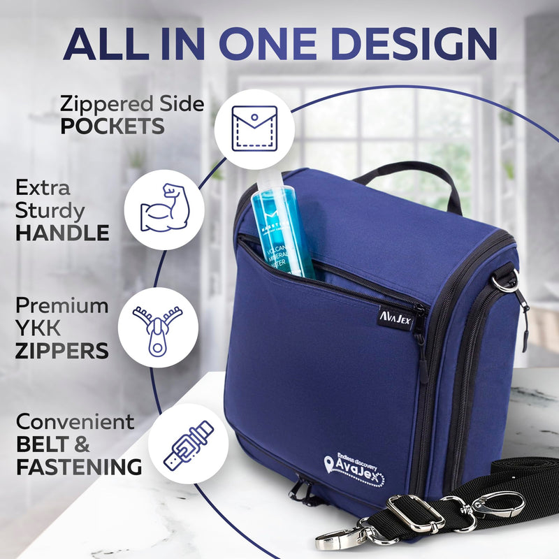 Extra Large (11.8”x11.8”x4”) Hanging Travel Toiletry Bag for Men and Women - Cosmetic Travel Bag With Shoulder Strap - Waterproof Hygiene Bag with Metal Swivel Hook and 19 Compartments for Toiletries XXL Navy Blue