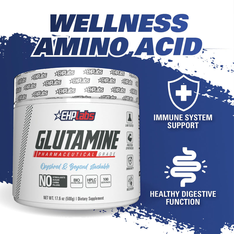 EHP Labs L Glutamine Powder Amino Acids - L-Glutamine Supplement for Gut Health (500g) Improves Muscle Recovery, Focus & Concentration - 100 Servings
