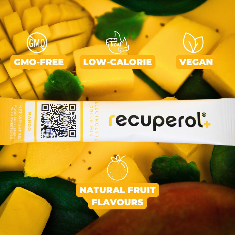 Recuperol Electrolytes Sachets - Rehydration Electrolytes Powder with Zinc, Vitamin C, B12, D3 & Potassium for Hydration - Sugar Free, Vegan & Low Calorie - Mango 20 Pack