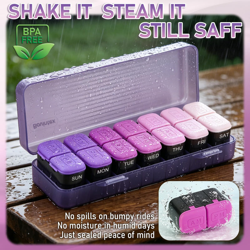 Weekly Pill Organizer 2 Times a Day, Portable AM PM Medicine Box with Large Compartments, Travel Pill Organizer Case, Moisture-Proof Daily Containers for Vitamins, Supplements & Medication (Green) Purple