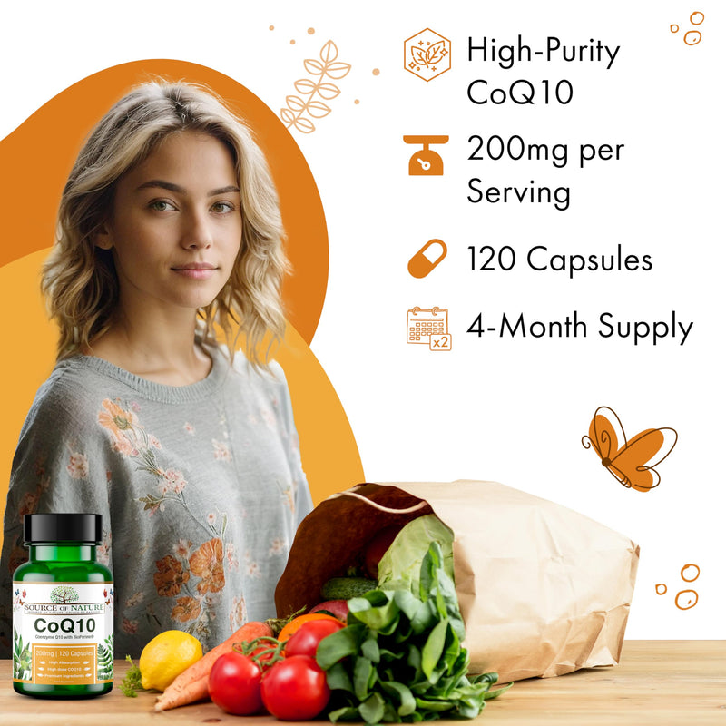 Source of Nature® Coenzyme Q10 200mg - 120 Vegan Capsules (4-Month Supply) | Naturally Fermented Bioidentical Ubiquinone | High Strength & 99% Pure | with BioPerine® Black Pepper Extract
