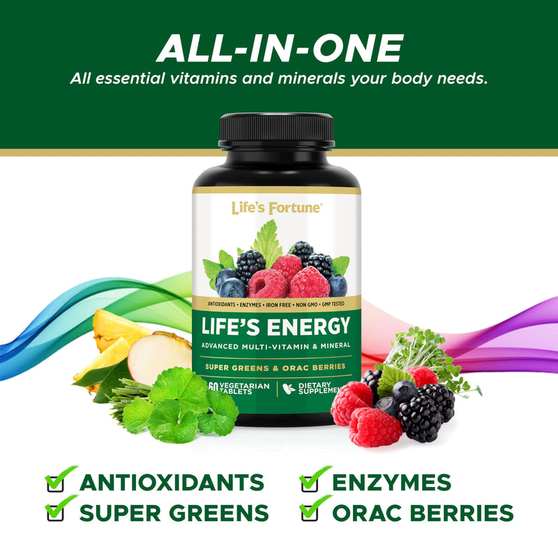Life's Energy Advanced Daily Multivitamin for Men & Women, Energy and Immune Support Supplement with Super Greens, Antioxidants, Enzymes - Iron Free, Vegetarian, 60 Tablets by Life's Fortune 60 Count (Pack of 1)