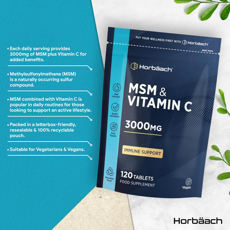 MSM Supplements 3000mg with Vitamin C | High Strength Methylsulfonylmethane MSM with VIT C | 120 Vegan Tablets (Not Capsules) | By Horbaach