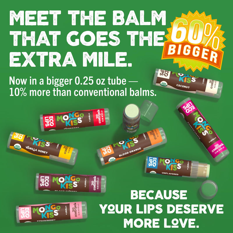 Eco Lips Mongo Kiss USDA Organic Lip Balm, Variety 7 pack | Blood Orange, Black Cherry, Pomegranate, Vanilla Honey, Peppermint, Strawberry Lavender, Yumberry | Mongongo Oil & Vitamin E 1 Count (Pack of 7)