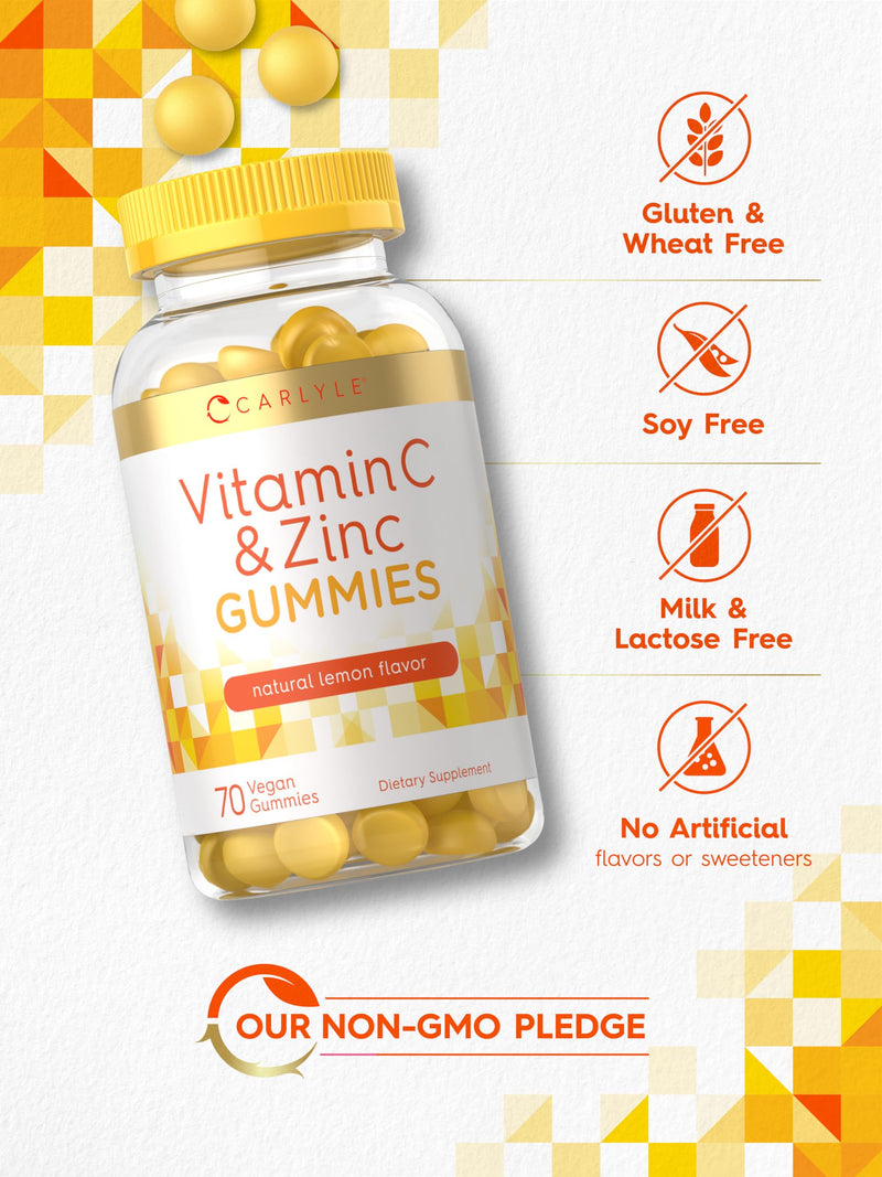 Carlyle Vitamin C and Zinc Gummies | 70 Count | Lemon Flavor | Vegan, Non-GMO, and Gluten Free Supplement 70 Count (Pack of 1)