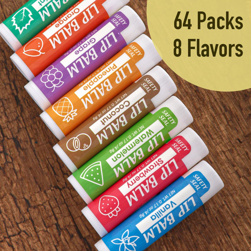 YesBes 64 Pack Lip Balm, Natural Lip Balm Bulk with Vitamin E and Coconut Oil, Moisturizing Lip Balms for Dry Cracked Lips, Lip Balms for Mothers Day Gifts Stocking Stuffers - 8 Flavors D-64P