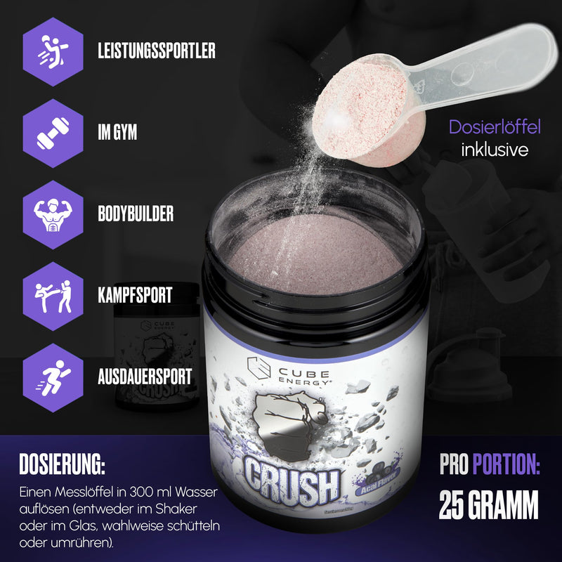 [Australia] - Cube Energy Crush Pre Workout Booster - 2in1 focus & pump formula with 300 mg caffeine - no crash - high dose & vegan - Made in Germany - 22 portions of 25 g each - Acai flavor 
