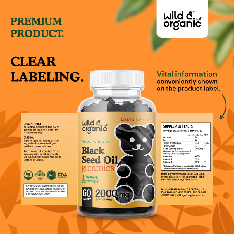 [Australia] - Wild & Organic Black Cumin Seed Oil Gummies 2000mg - Nigella Sativa Supplement with Omega 3, 6, 9 Fatty Acids - Vegan, Non-GMO - 60 Chews 