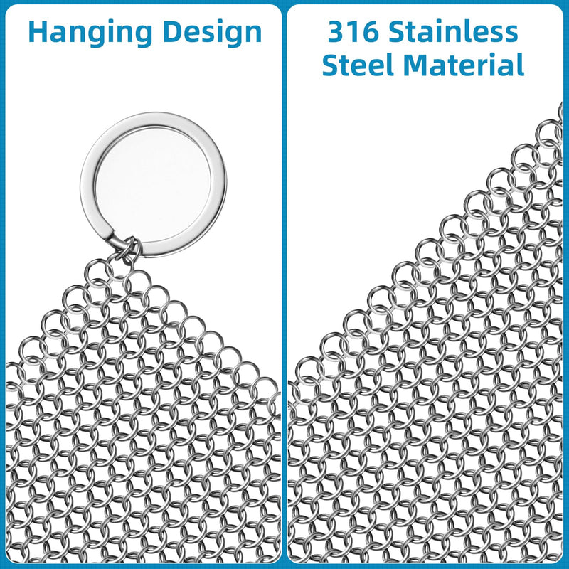 [Australia] - SUBEKYU ANTI-SCRATCH Cast Iron Scrubber with Pan and Grill Scrapers, 316 Stainless Steel Chain Mail Scrubber Cast Iron Cleaner, Metal Cleaning Kit Tools Include Chainmail Scrubber, 6"x6" Silvery+black 6"x6" 