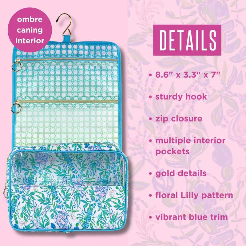 Lilly Pulitzer Hanging Toiletry Bag, Just a Pinch | Travel Cosmetic Bag with Handle, Organization, Hanging Travel Organizer for Makeup & Toiletries with Zipper Pockets