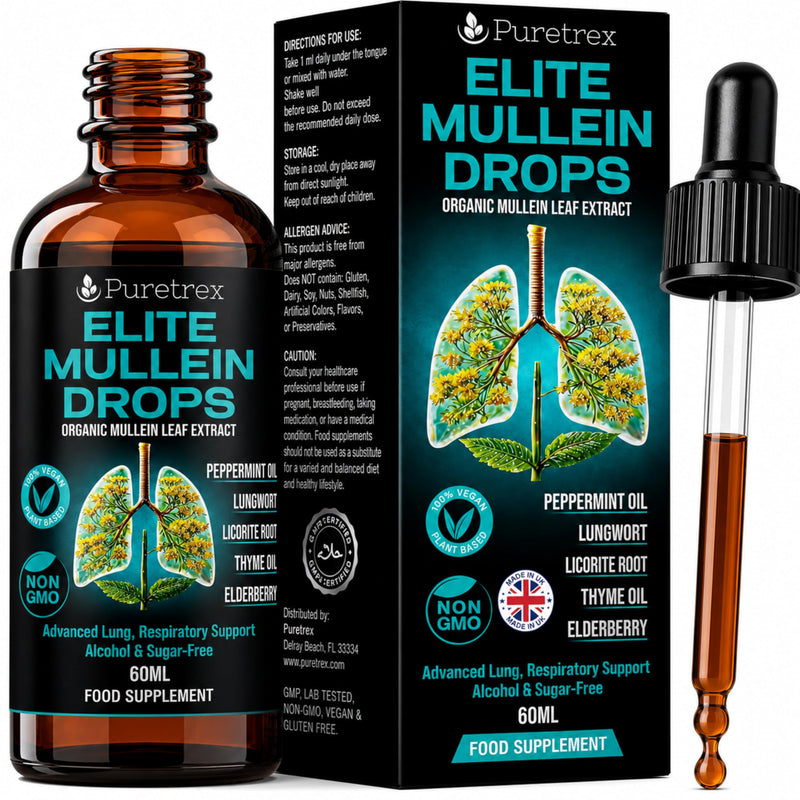PURETREX Elite Mullein Drops Vegan Supplement 60ml – Made in UK Organic Mullein Leaf Extract, Lung & Respiratory Support Liquid with Elderberry Peppermint Thyme for Breathing Immunity & Wellness