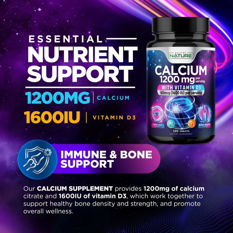 Calcium 1200mg with Vitamin D3 for Best Absorption - Advanced Bone Support Supplement, 1200 mg Calcium Carbonate & 1600 IU Vitamin D3, Slow Release for Immune Support, Easy to Swallow, 120 Tablets 120 Count (Pack of 1)