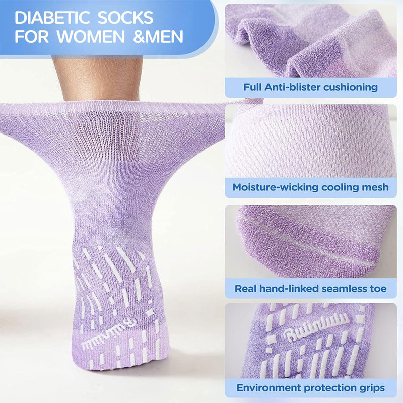 [Australia] - Diabetic Socks with Grippers for Men Women -6 Pairs Non Binding Diabetic Ankle Slipper Socks Size 6-9 9-12 Purple/Green/Orange Red/Pale Purple/Black/White Large 
