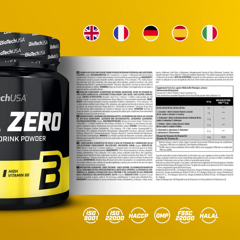 BioTechUSA BCAA Zero | Essential Amino Acid Powder | 6g BCAA with Instant L-Leucine | Vegan | Sugar-Free, Lactose-Free, Gluten-Free, 360 g, Orange
