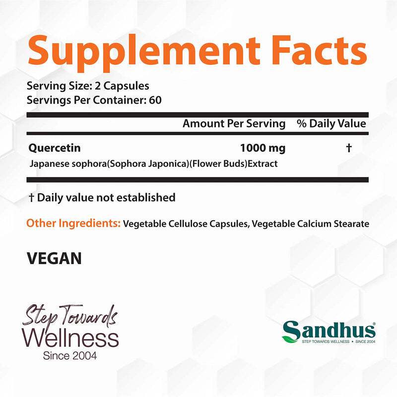 [Australia] - Sandhu's Quercetin 1000mg Per Serving Vegetarian Capsules Bioflavonoids Supports Immune Health & Cardiovascular Health, Respiratory Health, Seasonal Allergy Relief 120 Count Quercetin (Pack of 1) 