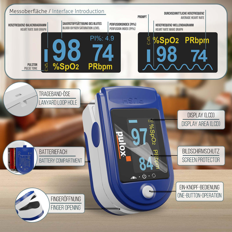 [Australia] - Pulse oximeter Pulox PO-200A with alarm, pulse tone and accessory set for measuring SpO2, pulse and PI - blue 