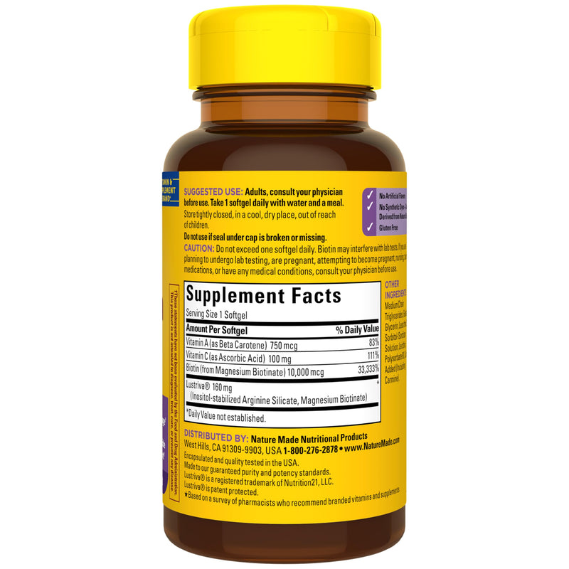 Nature Made Hair Growth Softgels, 30 Softgels | Clinically Studied Lustriva + Biotin, Vitamin C & A, Hair Growth Vitamins, Support Healthy Hair as You Age, 30 Day Supply 30 Count (Pack of 1)