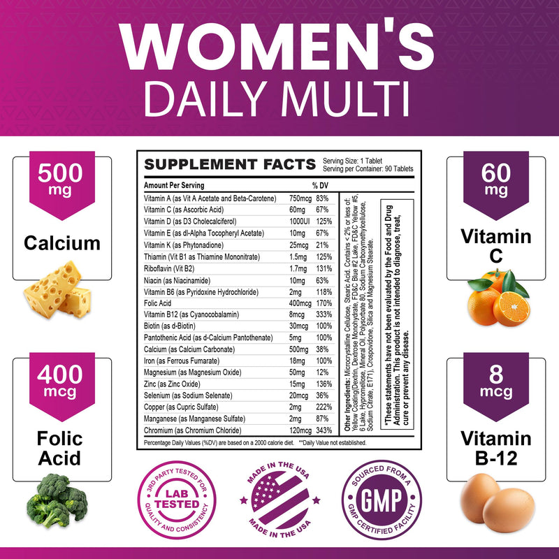 Women's Multivitamins and Minerals Enhanced with Folic Acid, Biotin, Pantothenic Acid, Zinc, Vitamin B12, Selenium - 21 Key Essential Ingredients Immune System & Health Support | 90 Tablets