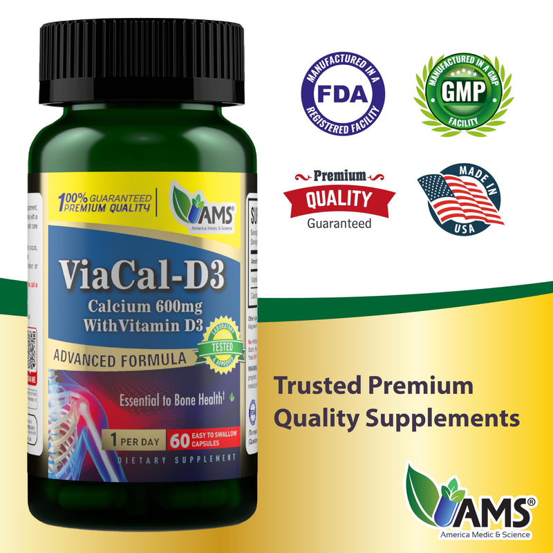 America Medic & Science ViaCal-D3 – Calcium 600mg with Vitamin D3 – Supports Bone Strength, Muscle Function & Mobility – Helps Maintain Healthy Calcium Levels for Overall Wellness – 60 Capsules