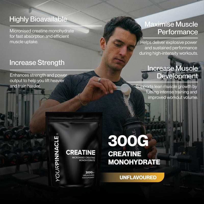 Creatine Monohydrate Powder - 300g, Unflavoured, 100% Pure Micronised Creatine for Strength, Power & Muscle Performance, Easy to Mix Creatine Powder | 86-43 Servings