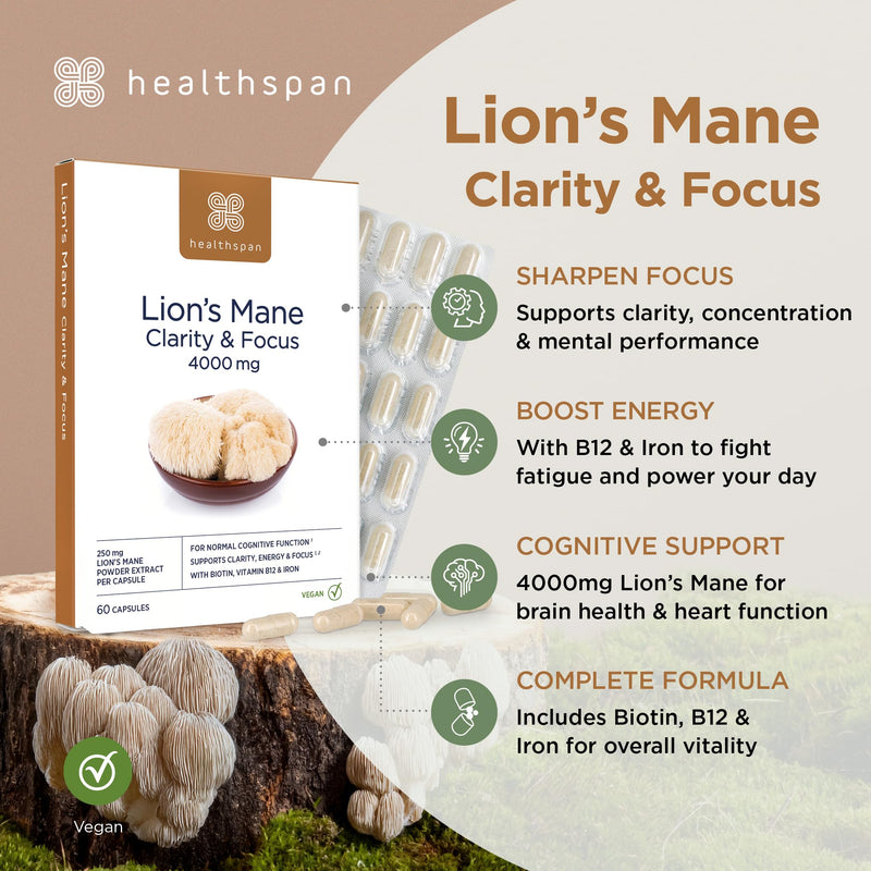 Healthspan Lion’s Mane Clarity & Focus (60 Capsules) | Stay Sharp and Focused | 4000mg Lion’s Mane Mushrooms | Supports Energy and Cognitive Function | with biotin, Vitamin B12 and Iron