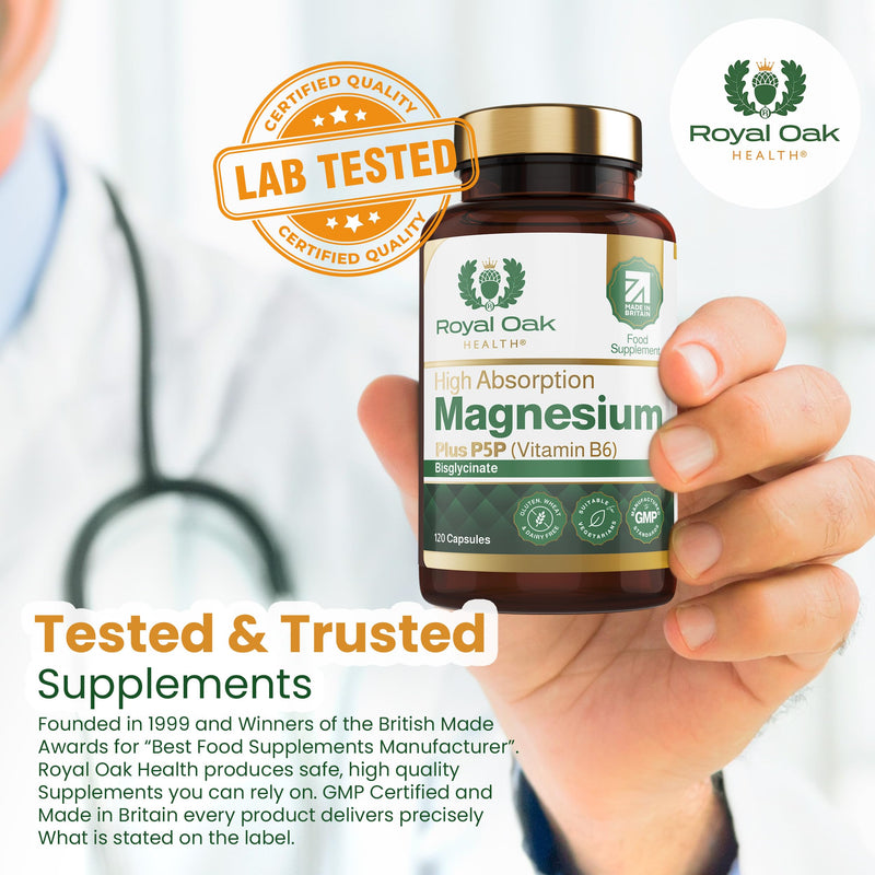 Magnesium Bisglycinate 200mg Plus P5P Vitamin B6 x120 Capsules | Advanced Chelated Formula for Optimal Absorption 200mg of High Strength Elemental Magnesium - Vegan & UK Made by Royal Oak Health