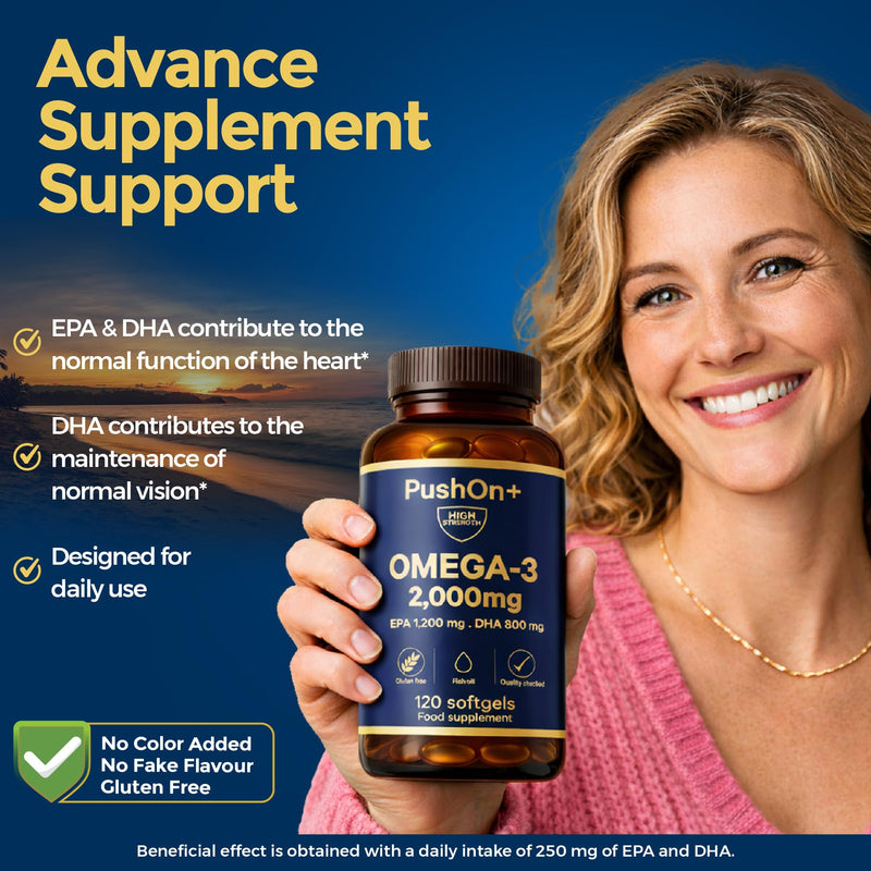 PushOn+ Omega-3 2000 mg Fish Oil Capsules – 120 Softgels – EPA 1200 mg & DHA 800 mg per Daily Serving – Food Supplement – 2 Months Supply