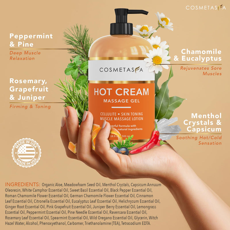 Cosmetasa Hot Cream Massage Gel with Massager Mitt- Natural and 87% Organic Cellulite Cream - Multi Use, Skin Toning for Joints and Muscle - 16.9 oz Cellulite Hot Cream with Massager Mitt 16.9 Fl Oz (Pack of 1)
