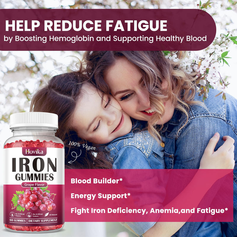 Iron Gummies Supplement for Women & Men, Iron Supplements for Anemia with Vitamin C, B12, Folate-Blood Builder & Energy Support for Iron Deficiency-Grape Flavor, Vegan, 60 Gummies Grape 60 Count (Pack of 1)