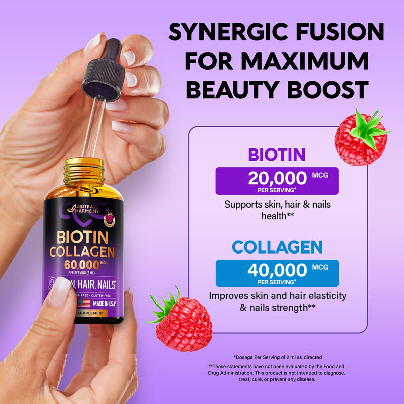 [Australia] - Liquid Biotin & Collagen - Vitamins for Hair Growth Support for Women & Men - Extra Strength 60000 mcg Drops - B7 Supplement - Strong Nails & Healthy Skin - 98% Faster Absorption Than Pills 2 Fl Oz (Pack of 1) 
