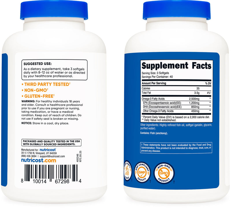 Nutricost Omega 3 Fish Oil - 2500MG, 120 Softgels (40 Serv) - Fish Oil, Wild Caught! 1200mg EPA 850mg DHA - Non-GMO, Gluten Free (Pack of 2) 120 Count (Pack of 2)